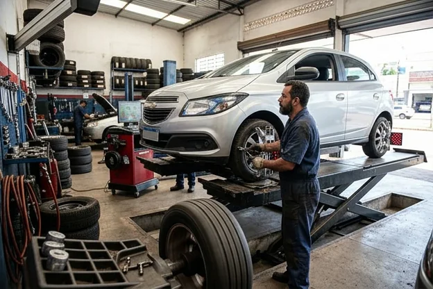 Mecânico ajustando rodas de carro em um serviço de alinhamento e balanceamento.