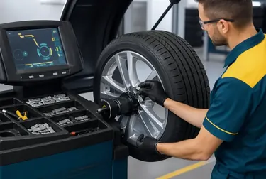 Mecânico fazendo balanceamento de rodas usando máquina específica em uma borracharia.