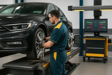 Mecânico realizando alinhamento de rodas com equipamento avançado em borracharia.