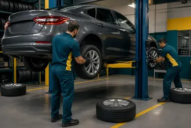 Mecânico realizando rodízio de pneus de um carro em uma borracharia.