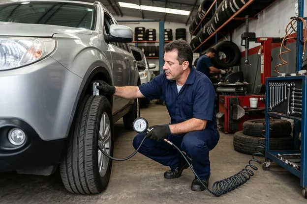 Mecânico verificando os pneus de um carro, atenção aos detalhes na manutenção.